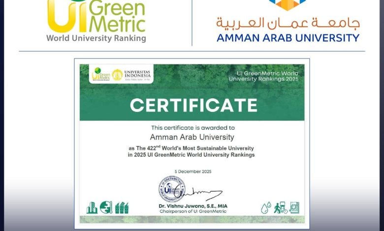 إنجاز عالمي جديد: جامعة عمّان العربية تقتحم قائمة أفضل 500 جامعة في تصنيف GreenMetric 2025